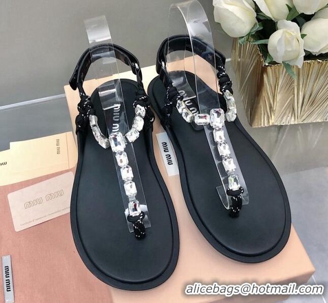 Purchase Miu Miu Nappa Leather Thong Flat Sandals with Crystals Strap Black/Clear 327079