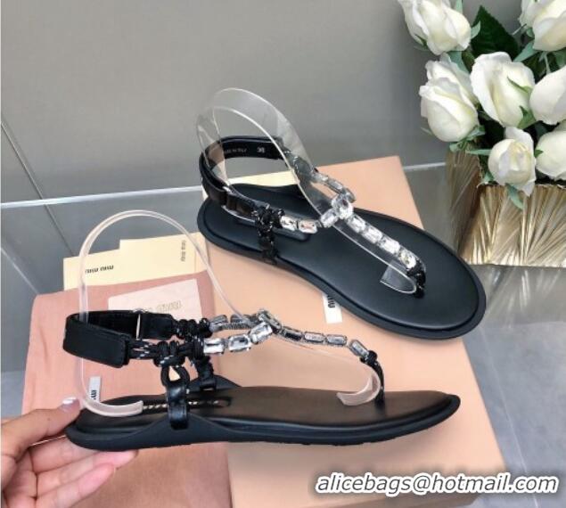 Purchase Miu Miu Nappa Leather Thong Flat Sandals with Crystals Strap Black/Clear 327079