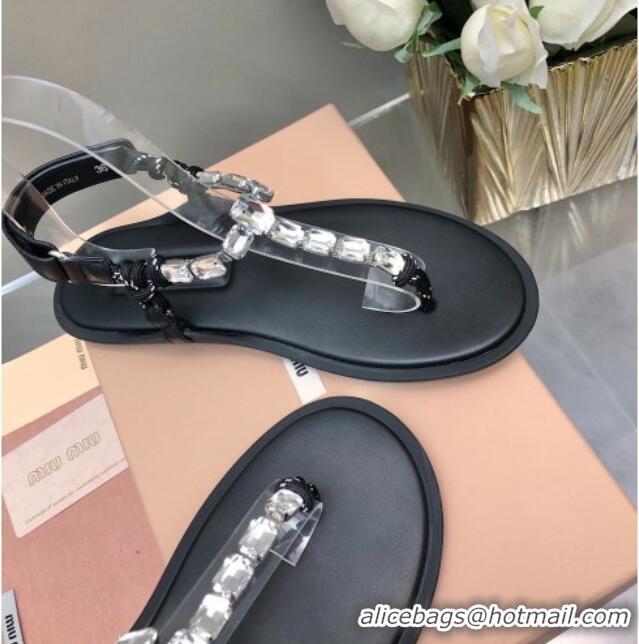 Purchase Miu Miu Nappa Leather Thong Flat Sandals with Crystals Strap Black/Clear 327079