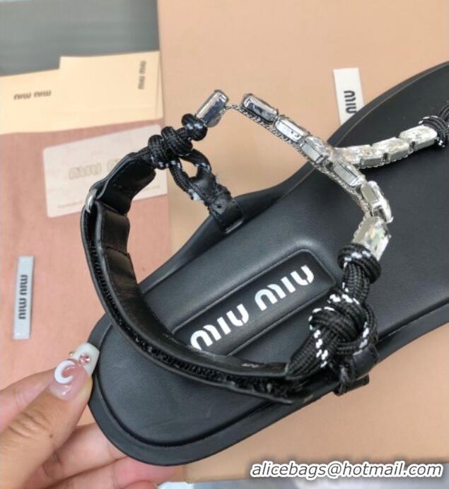 Purchase Miu Miu Nappa Leather Thong Flat Sandals with Crystals Strap Black/Clear 327079