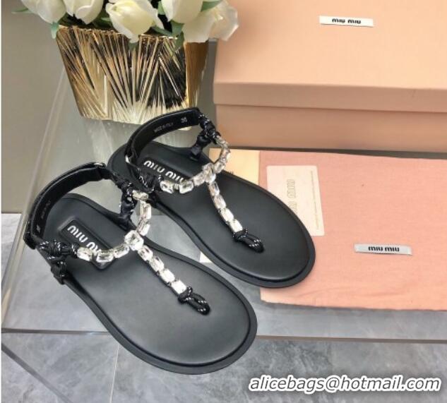 Purchase Miu Miu Nappa Leather Thong Flat Sandals with Crystals Strap Black/Clear 327079