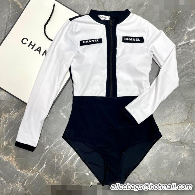 Buy Classic Chanel Long Sleeve Swimwear CH0401 White/Black 2024