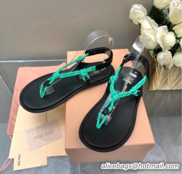 Classic Hot Miu Miu Riviere Cord and Leather Thong Flat Sandals Green 327080