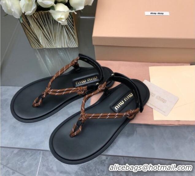 Good Looking Miu Miu Riviere Cord and Leather Thong Flat Sandals Light Grey 327080