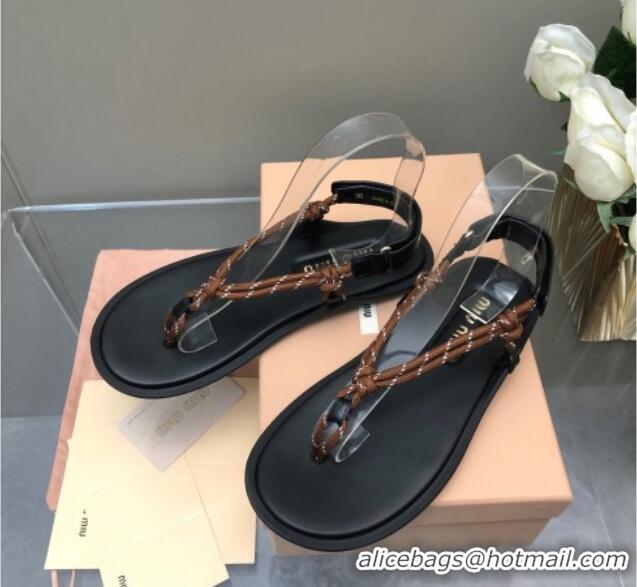 Good Looking Miu Miu Riviere Cord and Leather Thong Flat Sandals Light Grey 327080