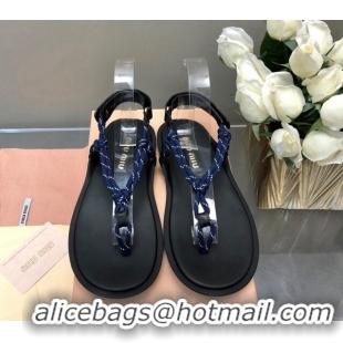 Best Product Miu Miu Riviere Cord and Leather Thong Flat Sandals Navy Blue 327082