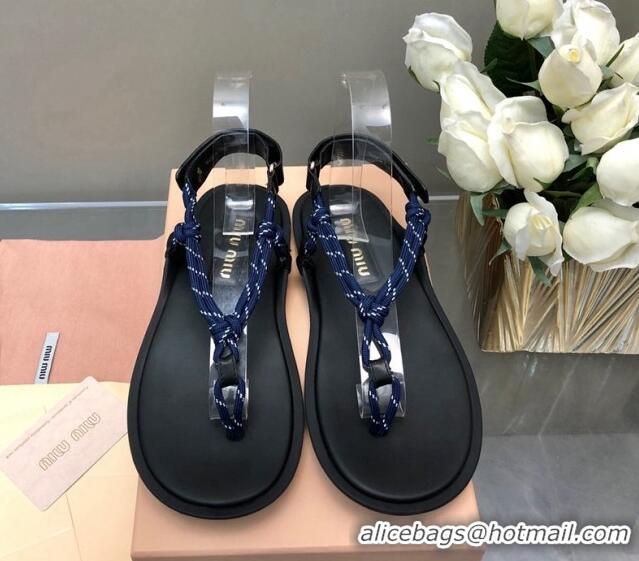 Best Product Miu Miu Riviere Cord and Leather Thong Flat Sandals Navy Blue 327082