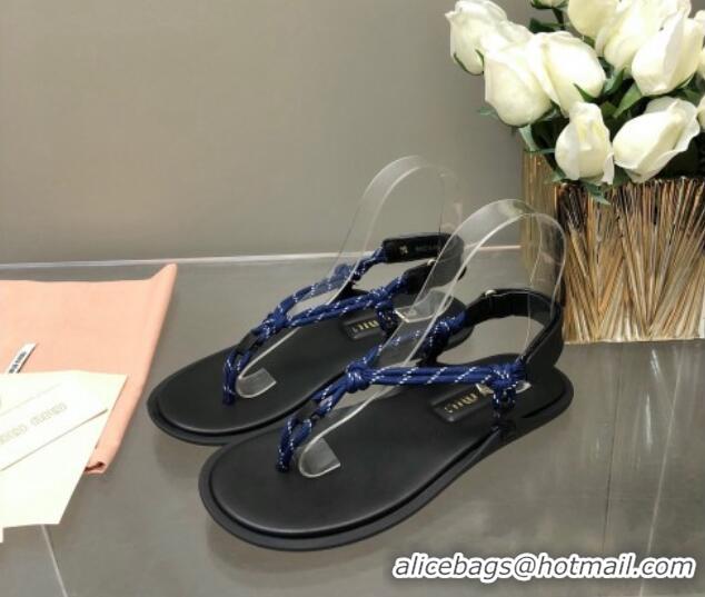 Best Product Miu Miu Riviere Cord and Leather Thong Flat Sandals Navy Blue 327082