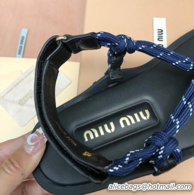 Best Product Miu Miu Riviere Cord and Leather Thong Flat Sandals Navy Blue 327082