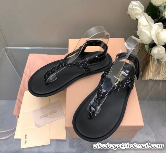 Grade Quality Miu Miu Riviere Cord and Leather Thong Flat Sandals Black 327083