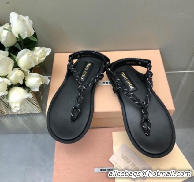 Grade Quality Miu Miu Riviere Cord and Leather Thong Flat Sandals Black 327083