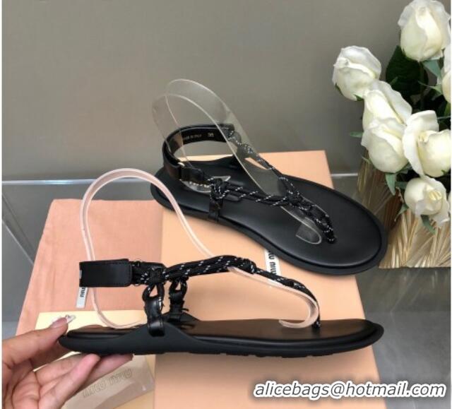 Grade Quality Miu Miu Riviere Cord and Leather Thong Flat Sandals Black 327083