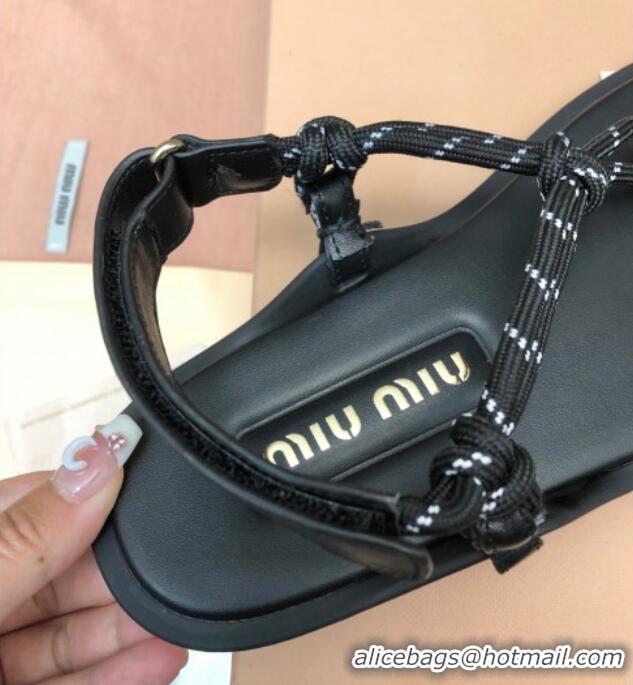 Grade Quality Miu Miu Riviere Cord and Leather Thong Flat Sandals Black 327083