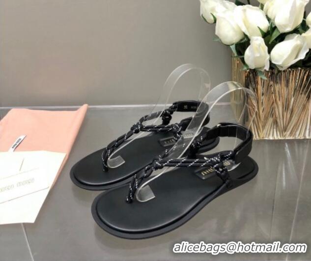 Grade Quality Miu Miu Riviere Cord and Leather Thong Flat Sandals Black 327083