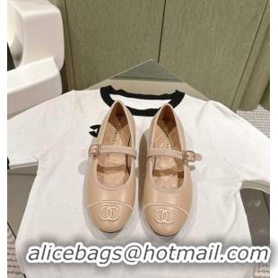 ​Low Cost Chanel Mary Janes Shoes in Calfskin Leather with CC Logo CH4782 Beige