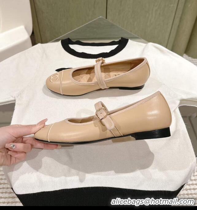 ​Low Cost Chanel Mary Janes Shoes in Calfskin Leather with CC Logo CH4782 Beige