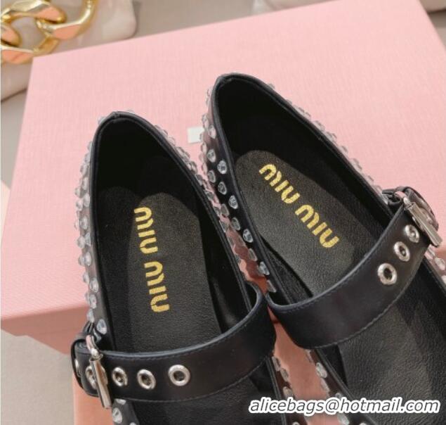 Fashion Miu Miu Ballerinas Flat Mary Janes in Leather and Crystals with Bow Black 327086