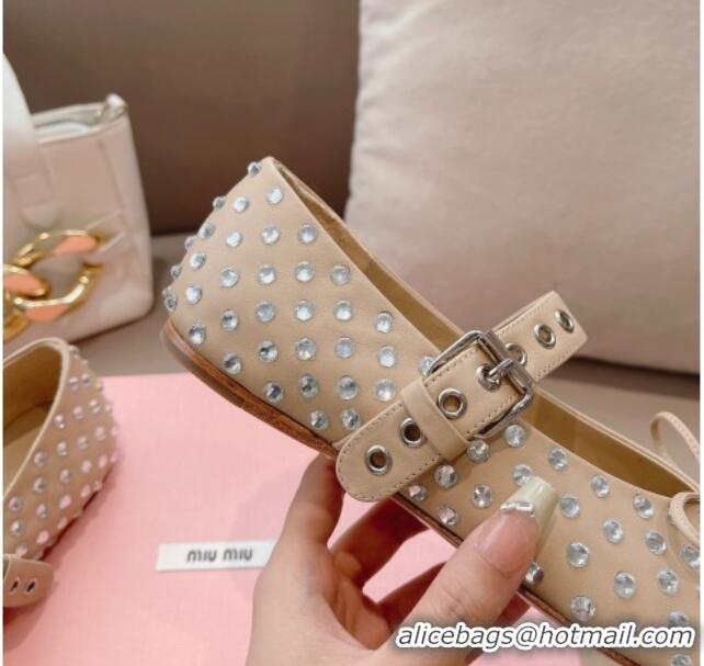 Unique Style Miu Miu Ballerinas Flat Mary Janes in Leather and Crystals with Bow Nude 327087