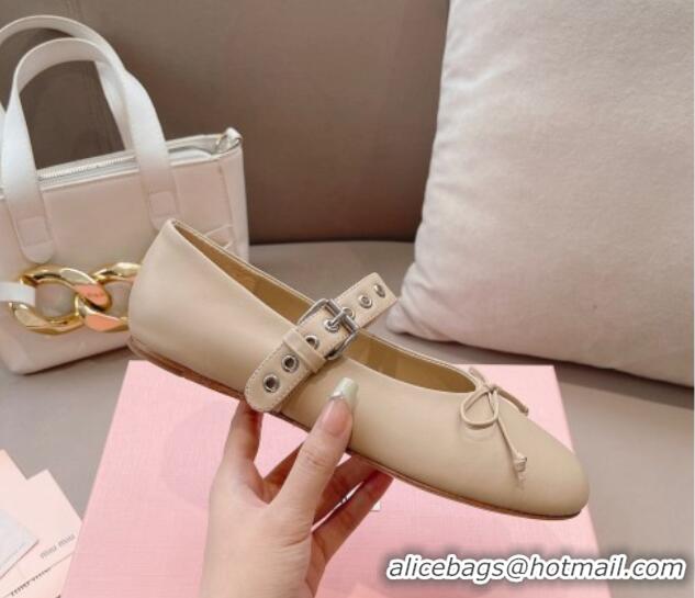 Best Grade Miu Miu Ballerinas Flat Mary Janes in Calf Leather with Bow Nude 327088