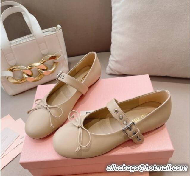 Best Grade Miu Miu Ballerinas Flat Mary Janes in Calf Leather with Bow Nude 327088