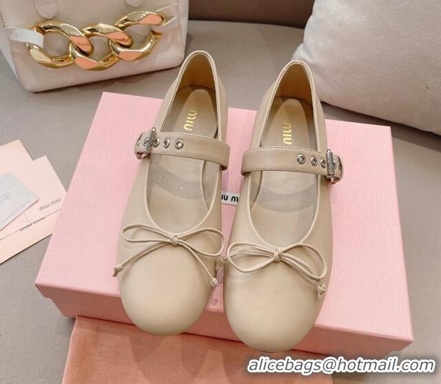 Best Grade Miu Miu Ballerinas Flat Mary Janes in Calf Leather with Bow Nude 327088