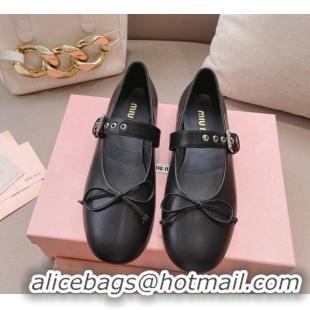 Buy Luxury Miu Miu Ballerinas Flat Mary Janes in Calf Leather with Bow Black 327089