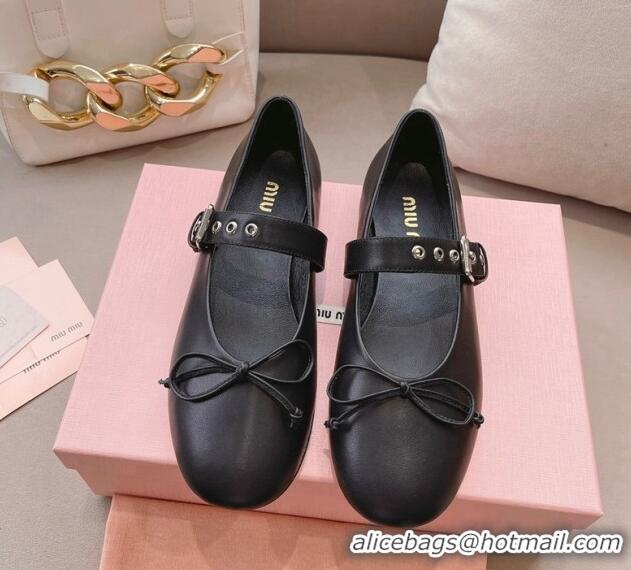 Buy Luxury Miu Miu Ballerinas Flat Mary Janes in Calf Leather with Bow Black 327089