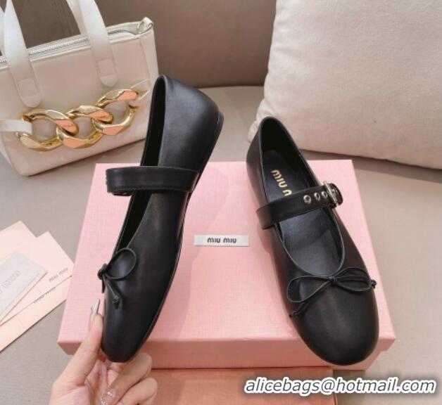 Buy Luxury Miu Miu Ballerinas Flat Mary Janes in Calf Leather with Bow Black 327089