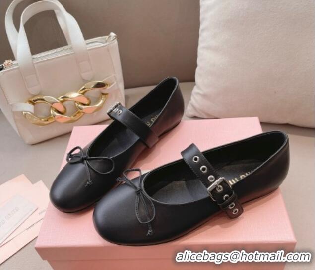 Buy Luxury Miu Miu Ballerinas Flat Mary Janes in Calf Leather with Bow Black 327089