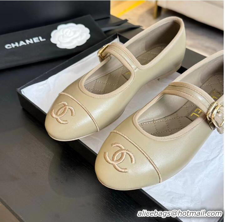 Best Design Chanel Mary Janes Shoes in Calfskin Leather with CC Logo CH4783 Beige