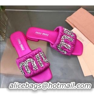 Most Popular Miu Miu Matelasse Satin Flat Slide Sandals with Crystals Logo Dark Pink 327095