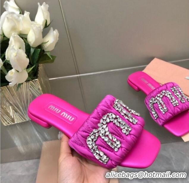 Most Popular Miu Miu Matelasse Satin Flat Slide Sandals with Crystals Logo Dark Pink 327095