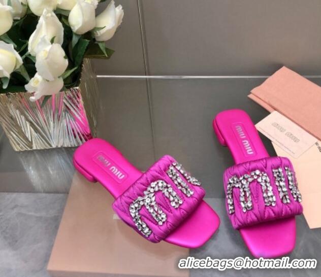 Most Popular Miu Miu Matelasse Satin Flat Slide Sandals with Crystals Logo Dark Pink 327095