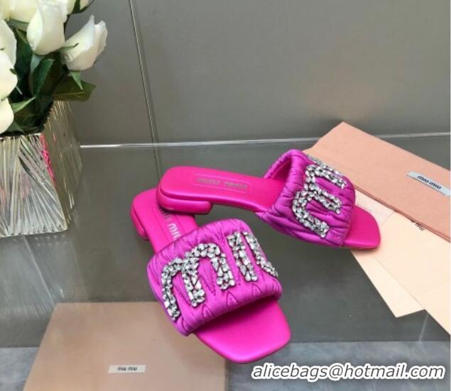 Most Popular Miu Miu Matelasse Satin Flat Slide Sandals with Crystals Logo Dark Pink 327095