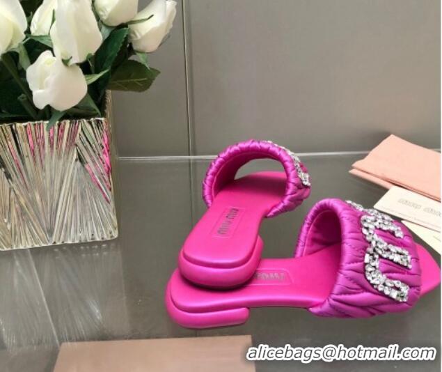 Most Popular Miu Miu Matelasse Satin Flat Slide Sandals with Crystals Logo Dark Pink 327095