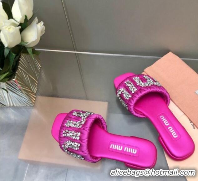 Most Popular Miu Miu Matelasse Satin Flat Slide Sandals with Crystals Logo Dark Pink 327095