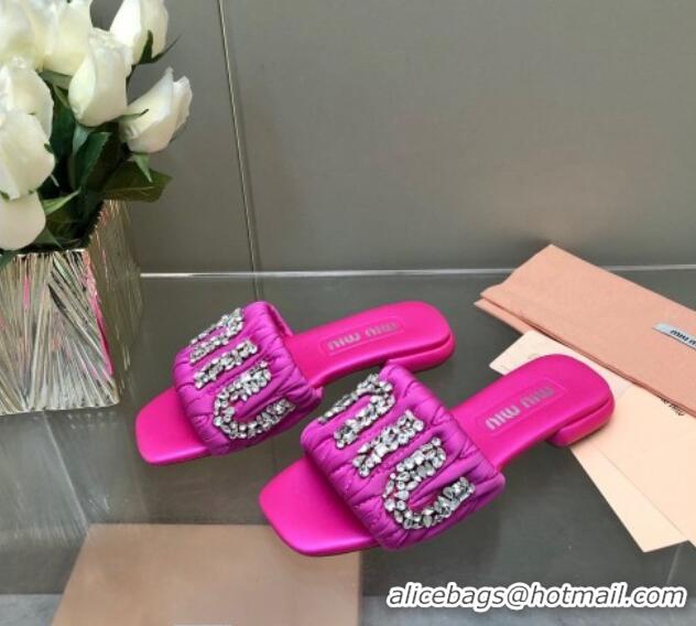 Most Popular Miu Miu Matelasse Satin Flat Slide Sandals with Crystals Logo Dark Pink 327095