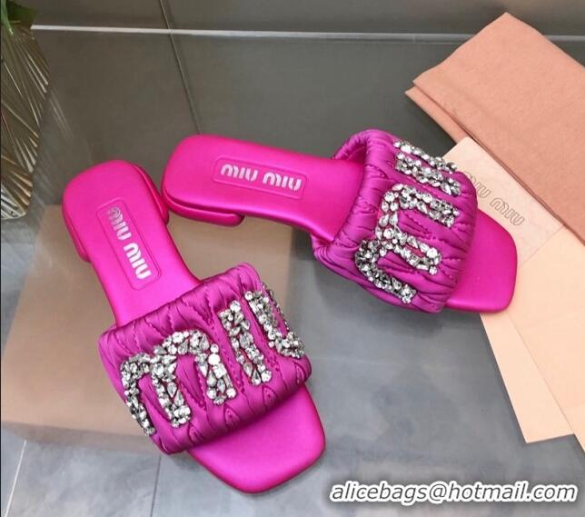 Most Popular Miu Miu Matelasse Satin Flat Slide Sandals with Crystals Logo Dark Pink 327095