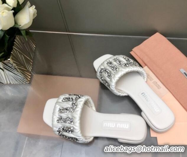 Duplicate Miu Miu Matelasse Satin Flat Slide Sandals with Crystals Logo White 327096