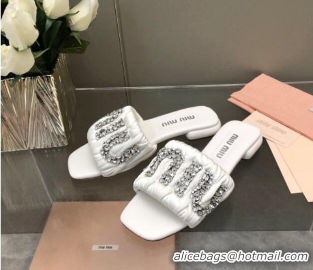 Duplicate Miu Miu Matelasse Satin Flat Slide Sandals with Crystals Logo White 327096