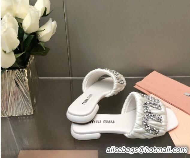 Duplicate Miu Miu Matelasse Satin Flat Slide Sandals with Crystals Logo White 327096