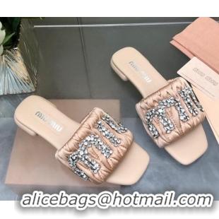 Purchase Miu Miu Matelasse Satin Flat Slide Sandals with Crystals Logo Nude 327097