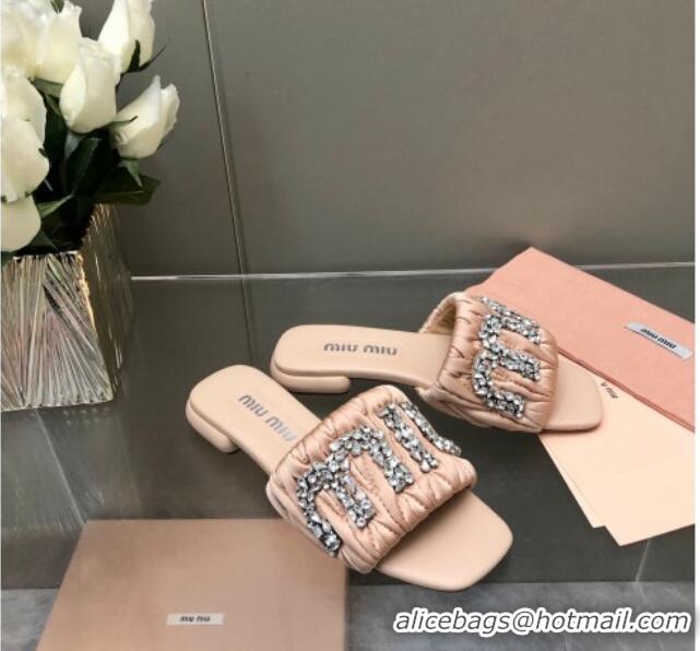 Purchase Miu Miu Matelasse Satin Flat Slide Sandals with Crystals Logo Nude 327097