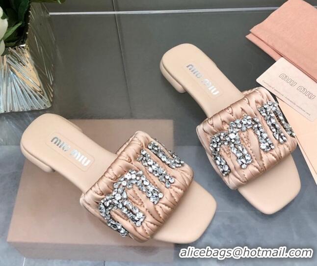 Purchase Miu Miu Matelasse Satin Flat Slide Sandals with Crystals Logo Nude 327097