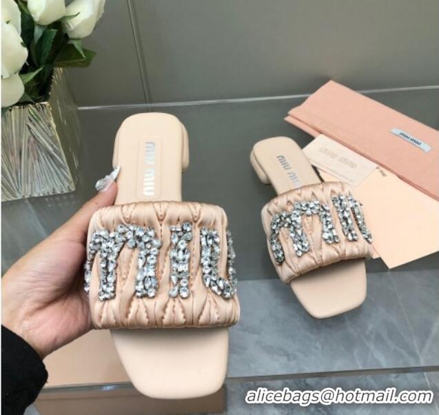 Purchase Miu Miu Matelasse Satin Flat Slide Sandals with Crystals Logo Nude 327097