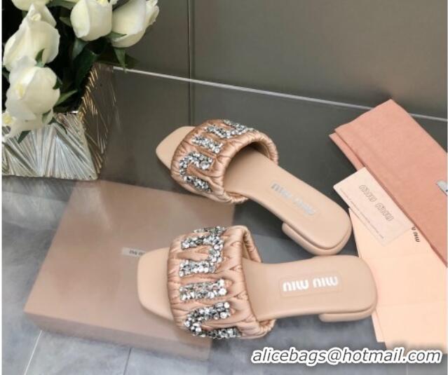 Purchase Miu Miu Matelasse Satin Flat Slide Sandals with Crystals Logo Nude 327097