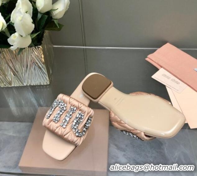 Purchase Miu Miu Matelasse Satin Flat Slide Sandals with Crystals Logo Nude 327097