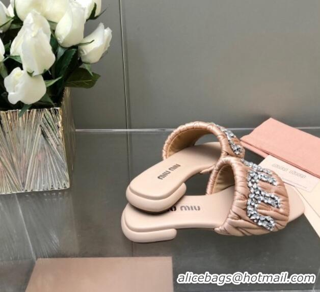 Purchase Miu Miu Matelasse Satin Flat Slide Sandals with Crystals Logo Nude 327097