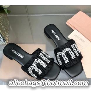 Perfect Miu Miu Matelasse Satin Flat Slide Sandals with Crystals Logo Black 327098