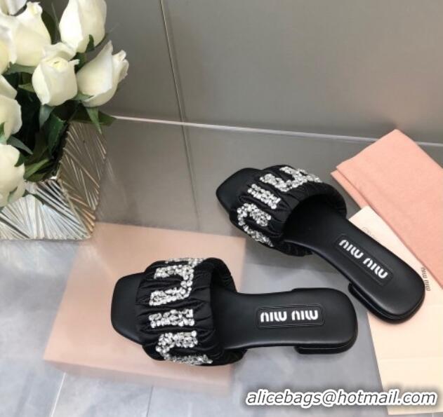 Perfect Miu Miu Matelasse Satin Flat Slide Sandals with Crystals Logo Black 327098